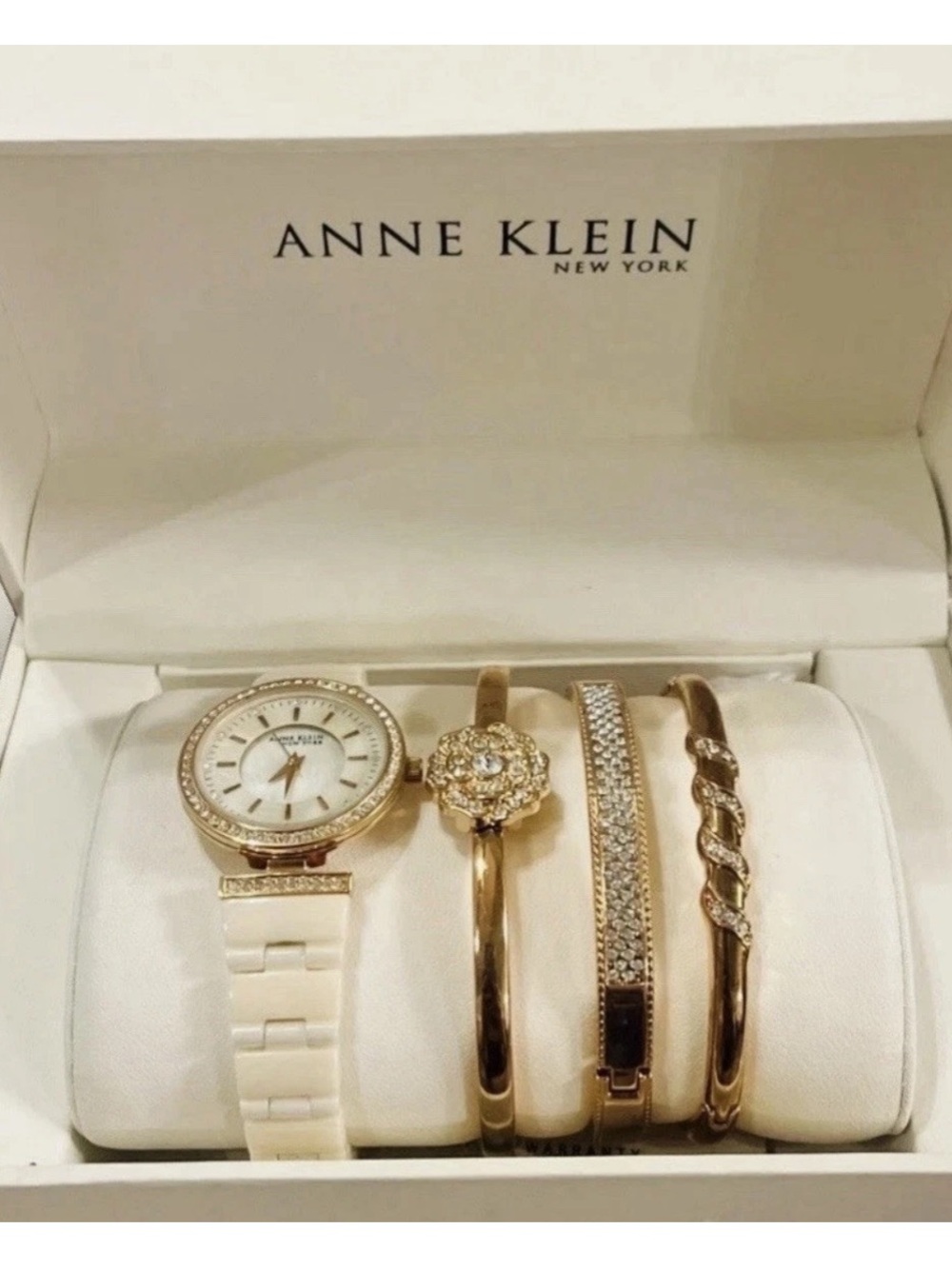 ANN KLEIN NEW YORK CRYSTAL ACCENTED BANGLE WATCH & Rose Gold Bracelets